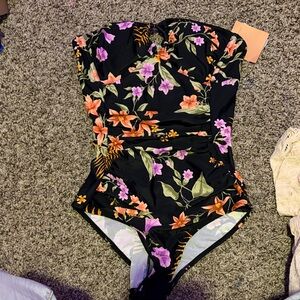 Black Floral One-Piece Swimsuit - Tropical Print